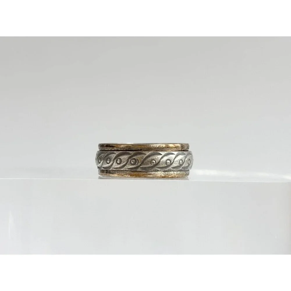 Dual Toned Hand Carved Spinner 925 Sterling Silver Vintage Ring - sz 10.5